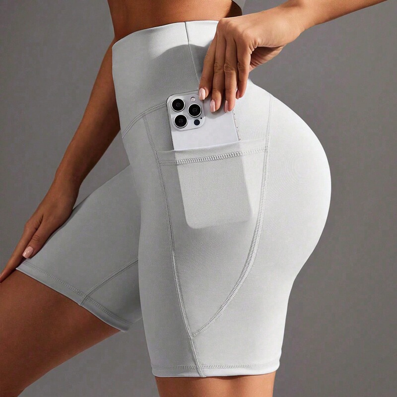 Cross-Border New Yoga Shorts Nude Lycra High-Waist Hip-Lifting Plastic Fitness Cycling Pants with Pockets for Women