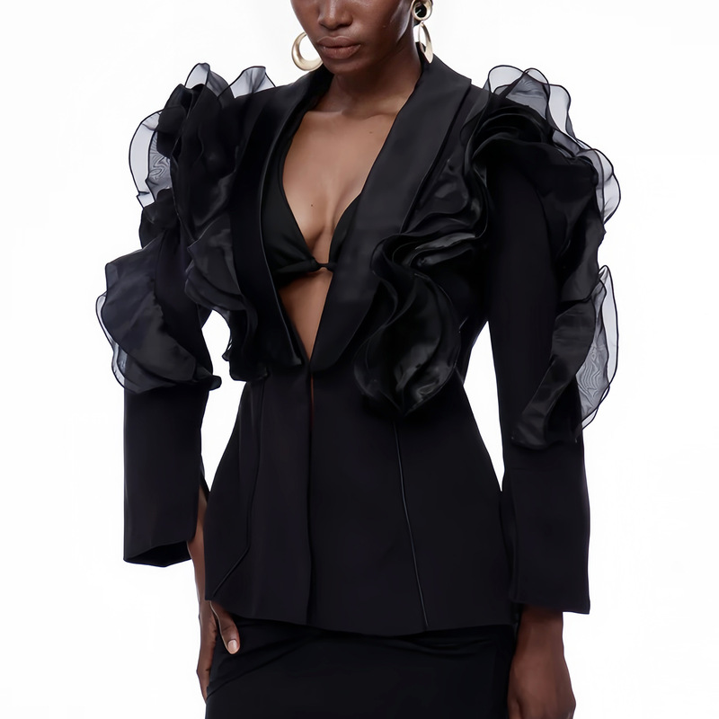 European and American Niche Designer Women's Jacket 2026 Spring New Style Irregular Patchwork Mesh Ruffle Slim Fit Blazer