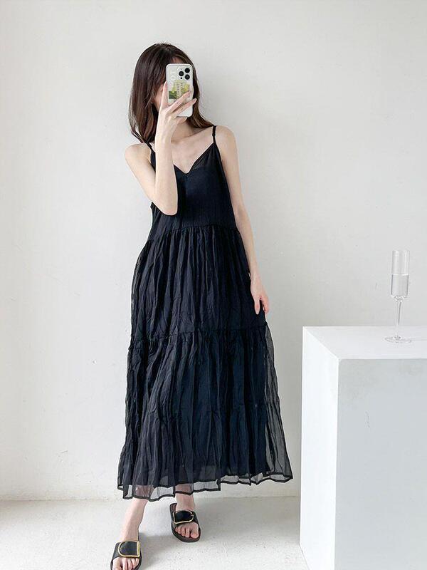 Black Long Dress, Beach Dress, Draped White Pleated Ultra-Long Slip Dress, Loose Pleated Suspender Dress for Women, Summer
