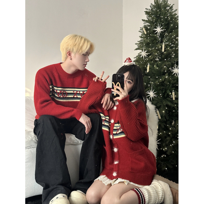 남성과 여성을위한 2024 가을과 겨울 연인 복장은 남성과 여성을위한 크리스마스 빨간색 새해 전야 스웨터 스웨터를 두껍게 만들었습니다.