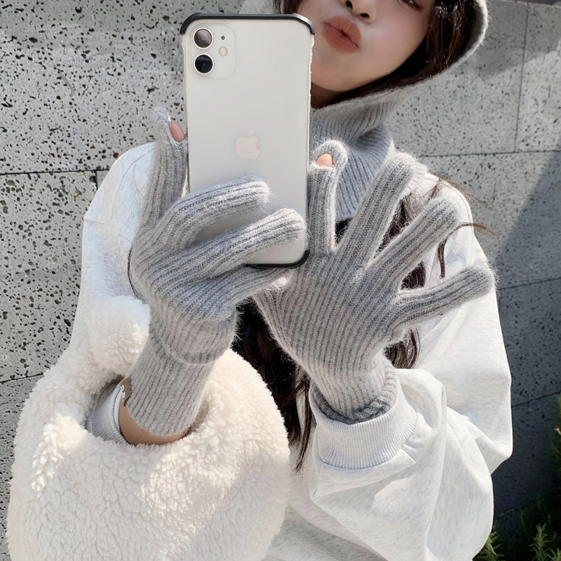 冬の女子学生向けの無地ニット手袋、指なし、タッチスクリーン対応、携帯電話操作可能、ウール製、暖かいロングリストスタイル、サイクリング用、防寒対策|undefined