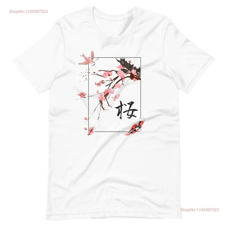 Cross-Border European Size Cherry Blossom T-Shirt with Koi Fish, Japanese Cherry Blossom Streetwear, Chinese Characters for Him/Her, Long Sleeve