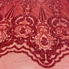 现货重工奢华正红蕾丝布料 珠片亮片绣花布网布 旗袍婚庆礼服面料