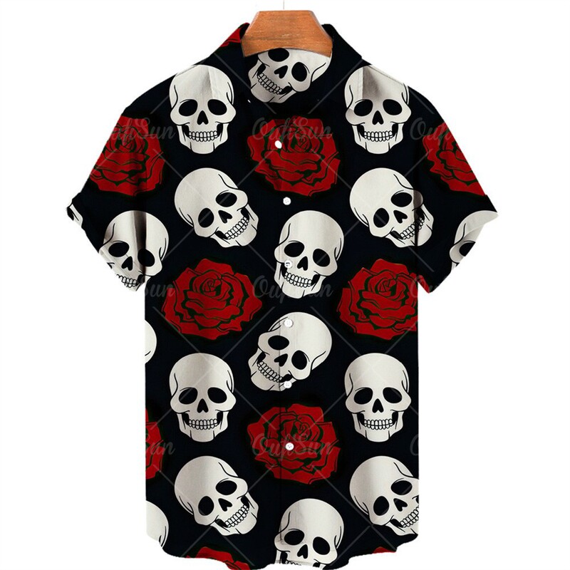 Cross-Border European and American Summer Men's Short-Sleeved Shirt with Skull and Rose Print, 3D Digital Print Casual Lapel Men's Clothing