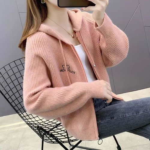 Casual Short Women's Jacket Spring and Autumn Season Korean Style Loose Fashion Small Figure Hooded Solid Color Knit Cardigan