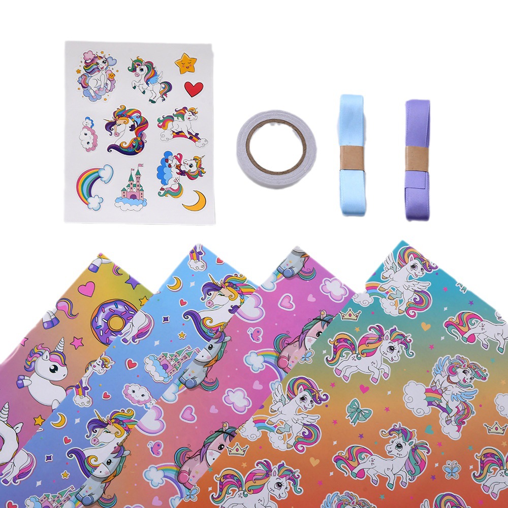 Amazon nuevo dibujos animados colorido unicornio papel de regalo niños caja de regalo papel de embalaje de libro