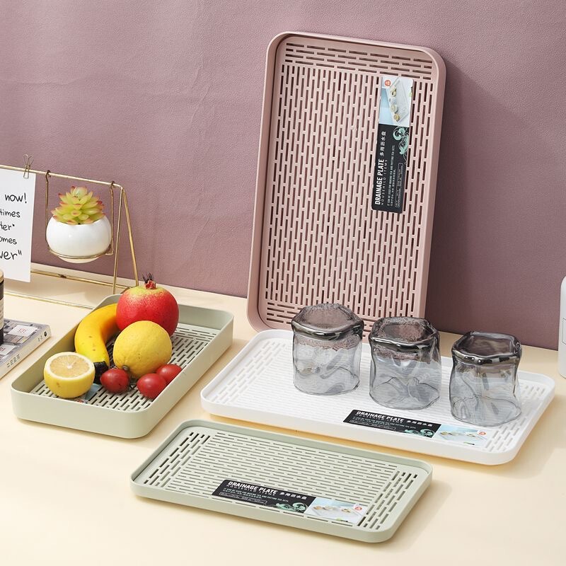 Thickened Double-Layer Draining Tray, Plastic Rectangular Kitchen Storage Tray, Draining Rack, Living Room Fruit Tray, Tea and Dish Holder