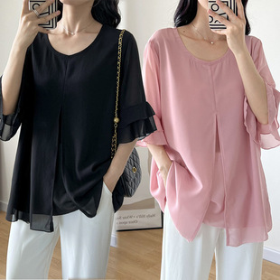 19566 Chiffon Shirt Short-sleeved Simple and Generous Personality Summer Draping Women's Fashion T-shirt Fat mm300 Jin Extra Large Size