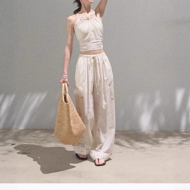 Oakmoo/"Love Letter to Yourself" Cotton Cashew Flower Hollow Embroidered Holiday Casual Drawstring Trousers Summer