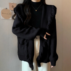 黑色流苏毛衣外套女2025秋季新款大码胖mm针织开衫显瘦高级感上衣