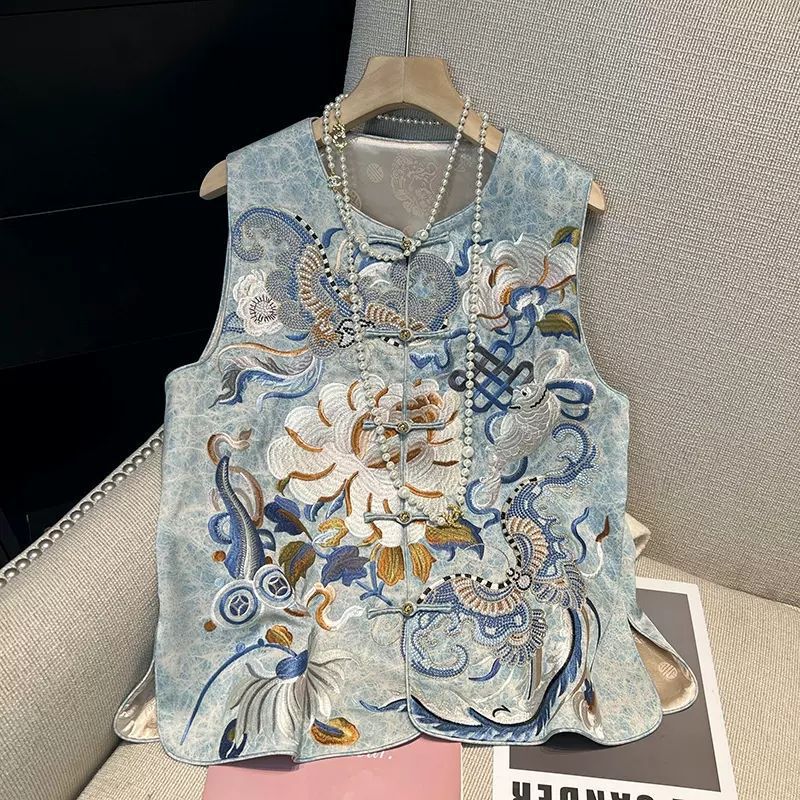 Ysummer New Style New Chinoiserie National Style Thin Sun Vest Round Neck Heavy Industry Embroider Plate Buckle Sleeveless Waistcoat Vest