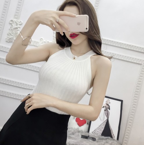 2024 new summer Korean style sexy thin vertical pattern knitted halterneck slim slim off-shoulder sleeveless vest for women