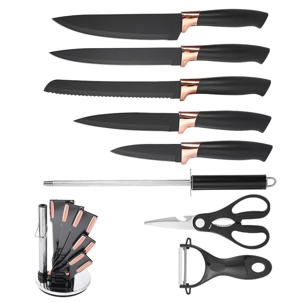 En stock cuchillo de acero inoxidable conjunto de fábrica al por mayor cuchillo giratorio titular cuchillo traje chef cuchillo fruta cuchillo afilado