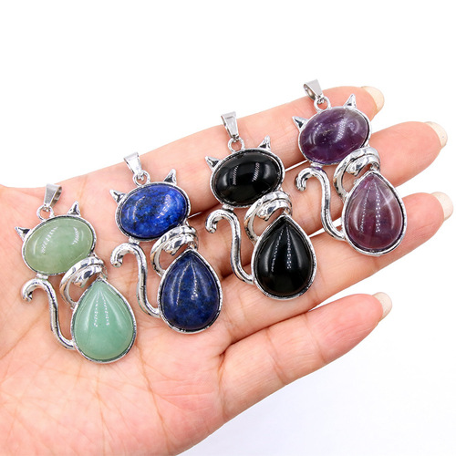 Natural Stone White Crystal Rose Quartz Amethyst Inlaid Cat Multi-color Pendant Cute Pet Necklace New Arrival for Foreign Trade