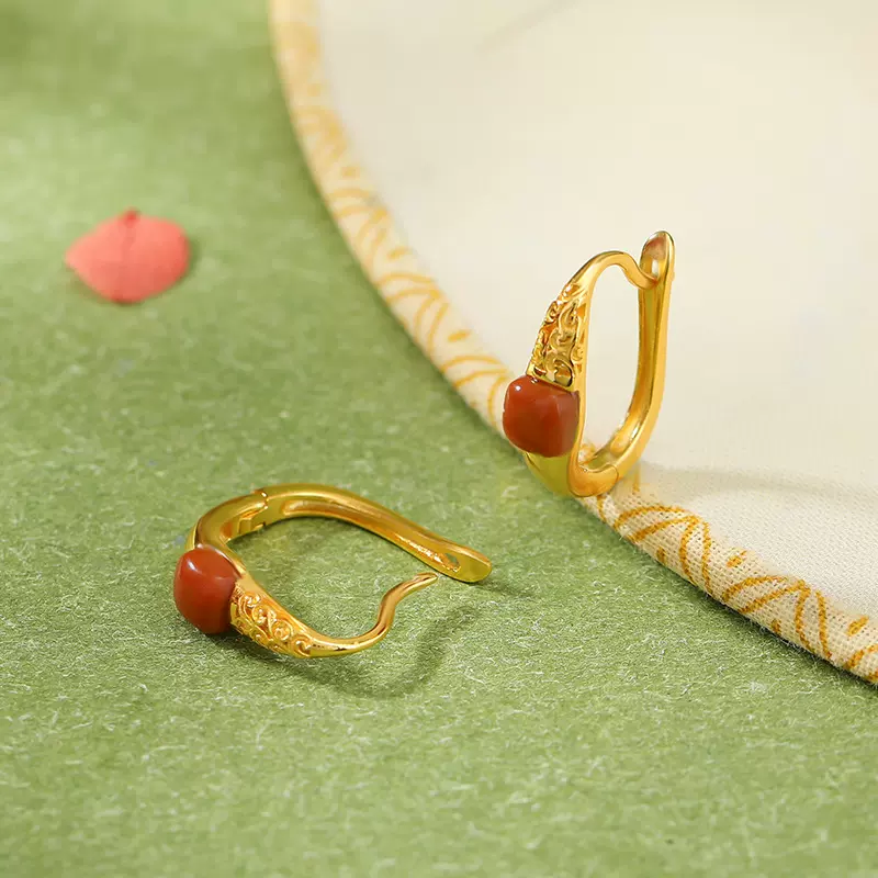 悦宝珠宝S925纯银镀金南红新中式复古祥云如意镂空方形耳夹银耳环