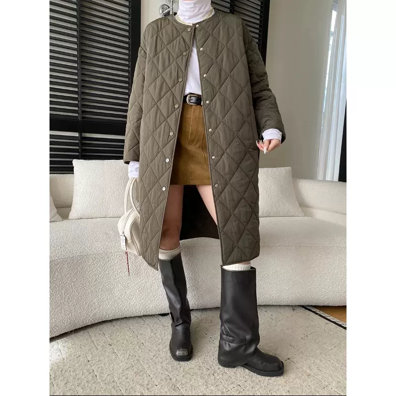 司南 至简老钱风 立裁廓形圆领菱格衔缝保暖棉服外套长款 SN8481