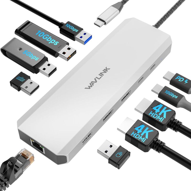 Wavlink with Dual HDMI 100W Pd Output 10g USB C 10Gbps Usb-A/C 3.2 Hub