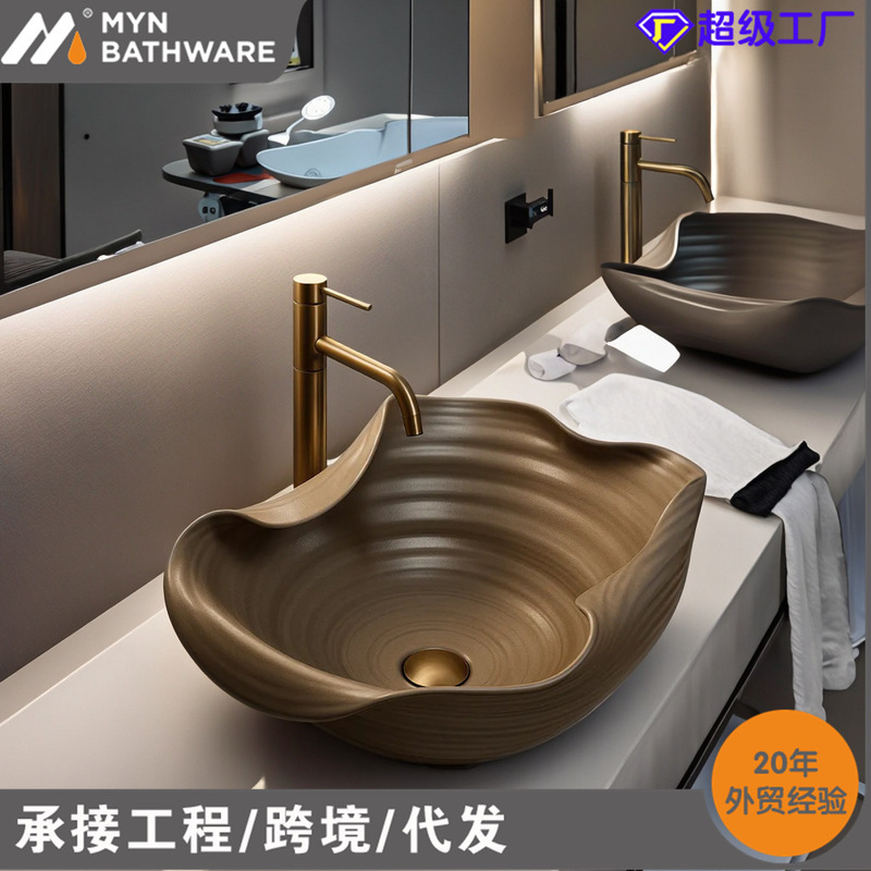 Cross-Border Bathroom Industrial Style Ceramic Special Design Special-Shaped Dark Gray Countertop Basin Wash Basin Wash Basin Sink