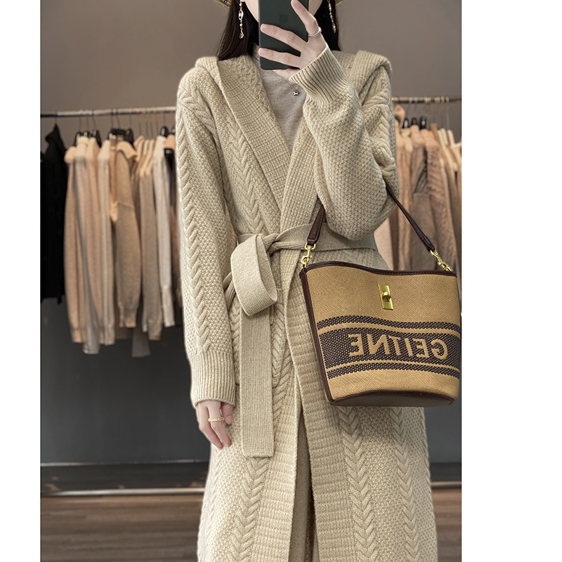 Vintage Women's V-neck Hooded Twisted Lace-up Loose Commuter Full Wool Thickened Autumn and Winter Long Knitted Cardigan