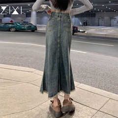 フィッシュテールデニムスカート夏の新しいレトロなハイウエストカバー股痩身ミッドレングスAラインスカート女性用ローエッジアンブレラスカート