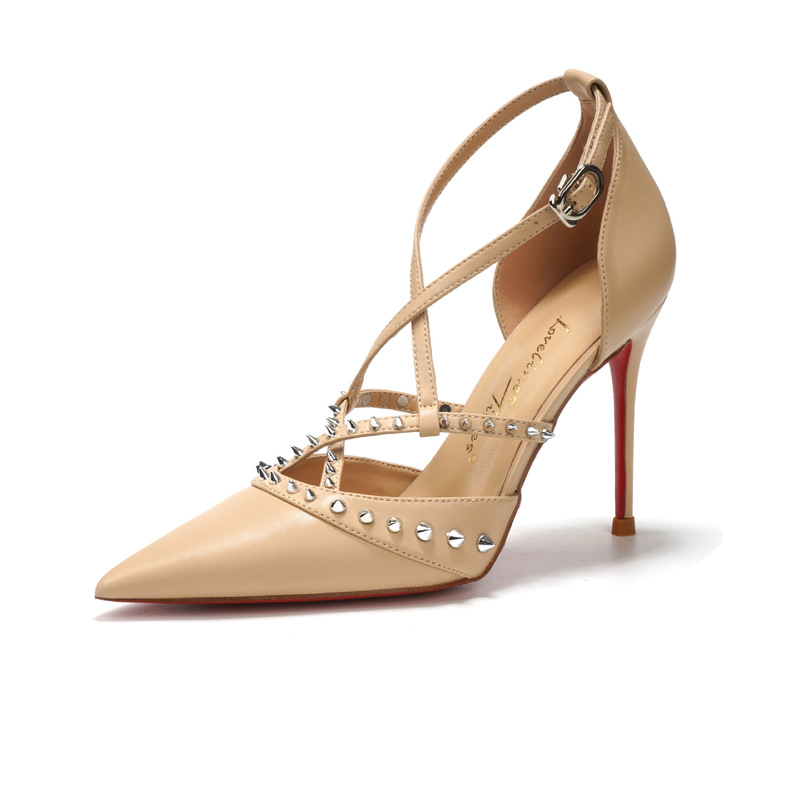 2025-2 Pointed Toe Cross Rivet Decorated Ankle Strap Buckle Back Bag Hollow Microfiber Leather High-Heeled Shoes for Women with Stiletto Heels