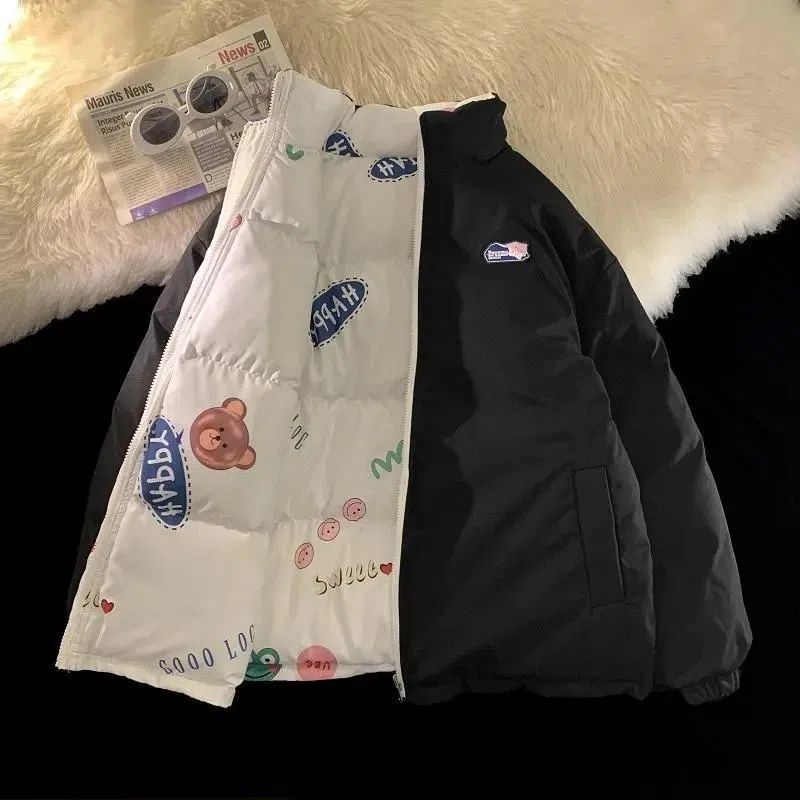 Abrigo de doble cara de invierno de los hombres de Hong Kong estilo de moda de la marca de gran tamaño de la capa de algodón-acolchado abrigo cálido engrosada pareja collar de pie abrigo de algodón acolchado