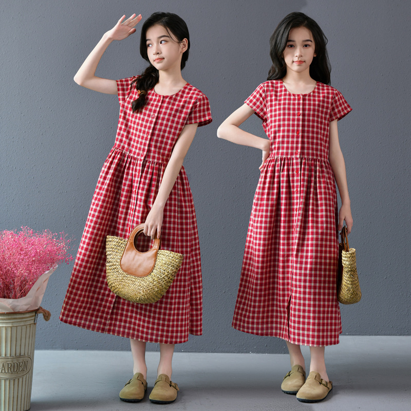 Pocket Holiday Style Girl's Dress New Mid-length Elegant Red Plaid dress Summer Short-sleeved Large Swing Dress