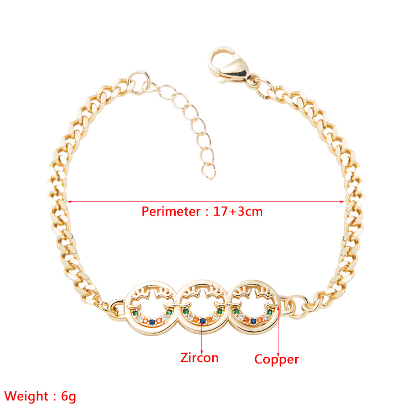 Pulsera De Cara Sonriente De Corazón De Luna Y Estrella De Circón De Oro Real Chapado En Cobre De Moda display picture 1