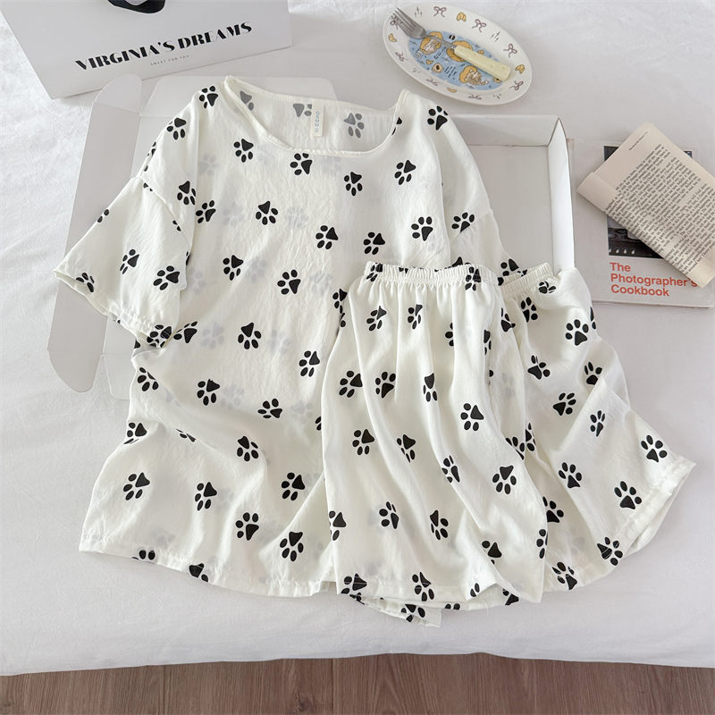 Transfronterizo al por mayor pijamas de algodón nubes de dibujos animados ropa de casa de mujer chaqueta manga corta pantalones cortos set set de cuello redondo set de dos piezas