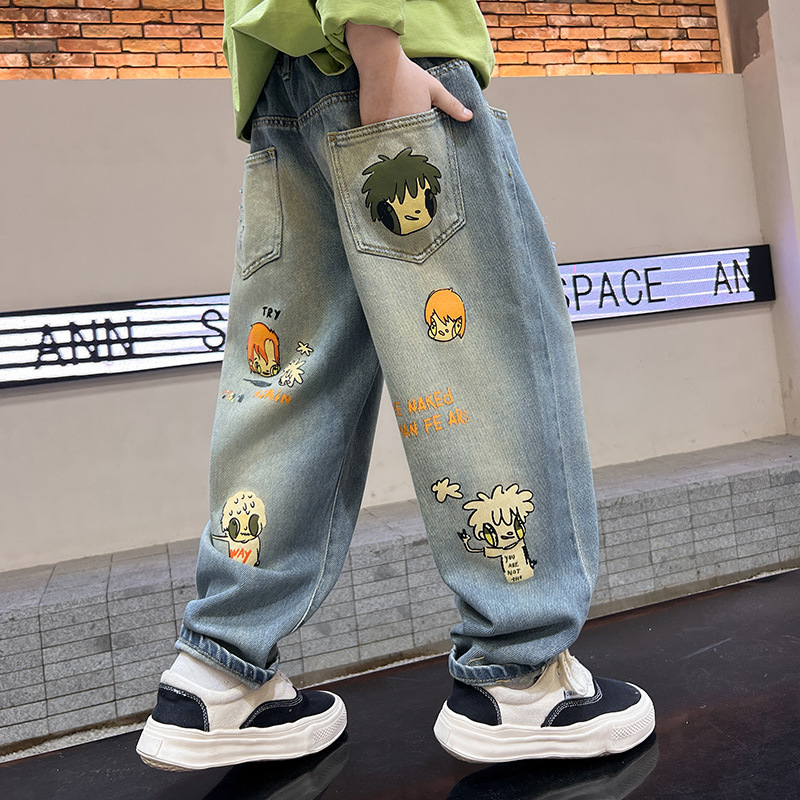 Boy's Pants Spring and Autumn Style 2024 New Children's Spring Medium and Large Children's Stylish Cartoon Print Denim Spring Outfit Trendy