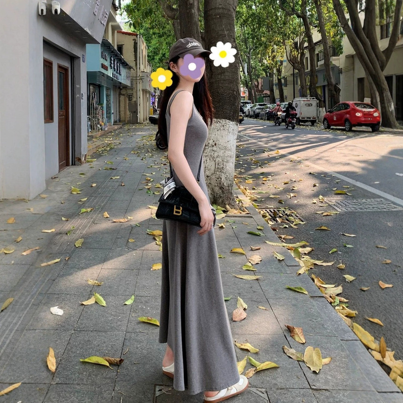 Gray spaghetti strap dress for tall women, simple casual drapey long dress, extended length dress for tall women