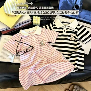 女童夏装短袖A字裙宝宝条纹学院风公主裙女孩夏季半袖POLO领裙子