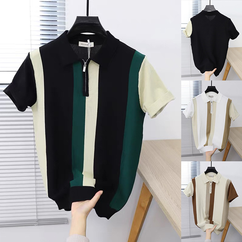 Polo camiseta camiseta de punto camiseta de manga corta camiseta de hombre a rayas solapa medio cremallera vieja fábrica de hielo de verano transfronteriza mayorista