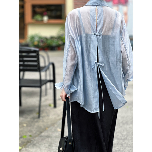 Luo Xi Modern Chinese Style Disc Button Split Strap Sun Protection Shirt for Women Summer Lightweight Tencel Loose Fit Top 7078