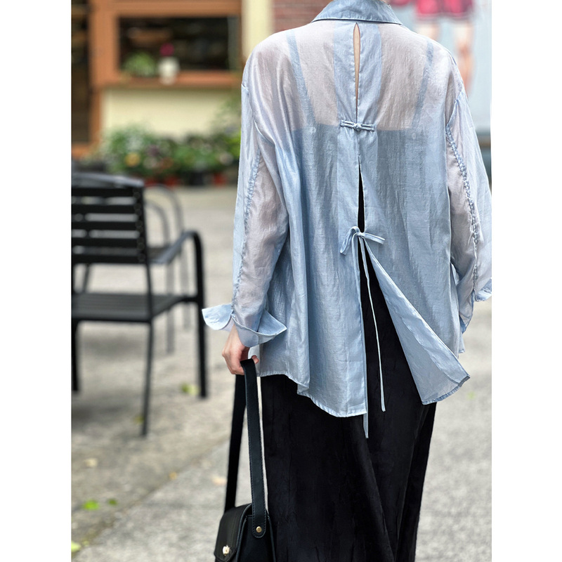 Lu Xi New Chinese Style Disc Button Back Slit Lace-Up Sunscreen Shirt Women's Summer Light Tencel Relaxed Top 7078