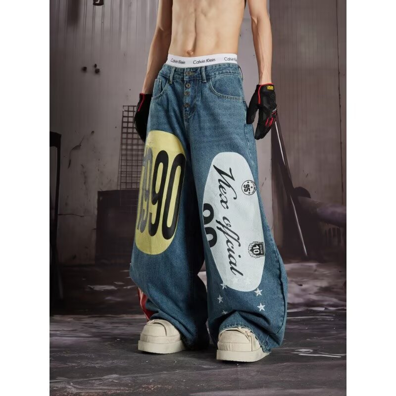 American-style trendy jeans for men, straight-leg, wide-leg, spring/autumn, curved wash, high-street, loose-fit, long pants American-style trendy jeans for men, straight-leg, wide-leg, spring/autumn, curved wash, high-street, loose-fit, long pants