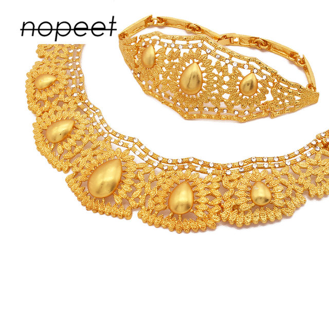 NOPEET Amazon Supply Dubai 24K Gold Jewelry Set Bridal Necklace Bracelet Earring Ring Four Piece Set