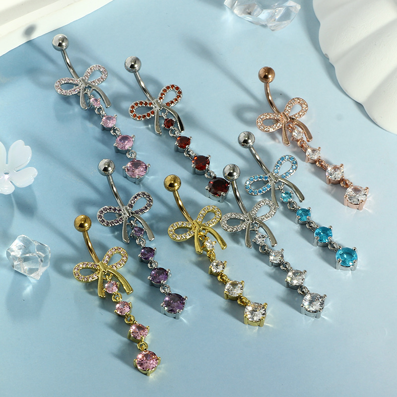 Bow Knot Navel Ring Rose Gold Zircon Belly Button Ring 316L Surgical Steel Body Piercing Jewelry for Women Men detail image 8