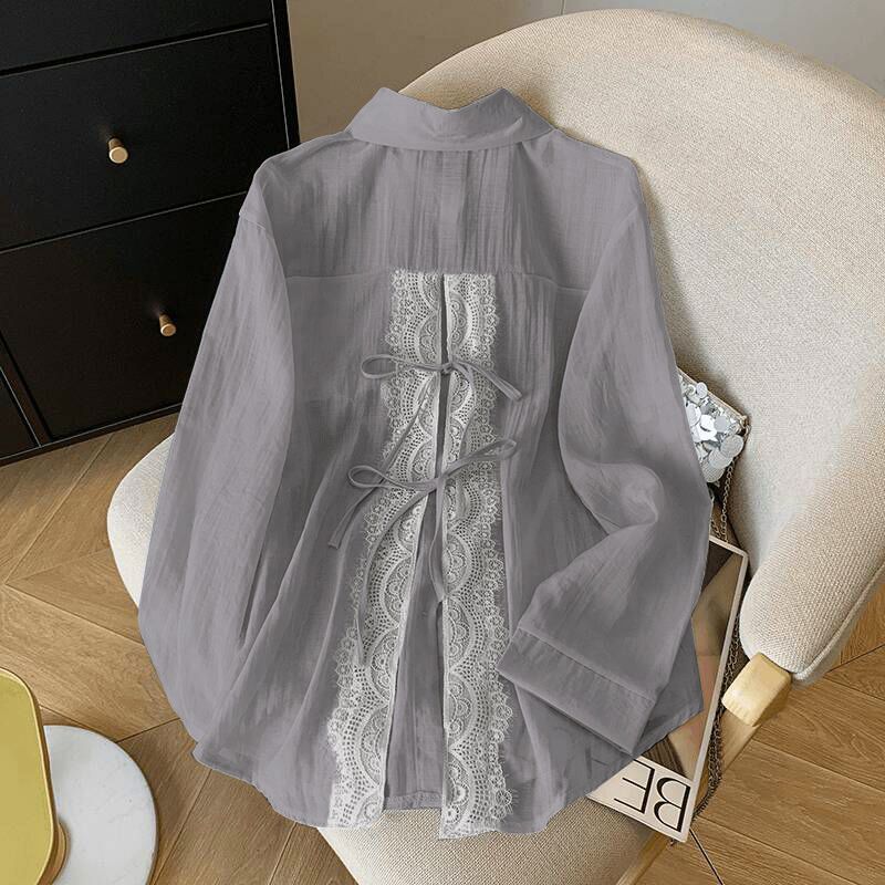 Back Sun Protection Shirt, Loose Fit, 2025 Summer New Style, Thin Lace Patchwork Long-Sleeve Shirt Jacket Back Sun Protection Shirt, Loose Fit, 2025 Summer New Style, Thin Lace Patchwork Long-Sleeve Shirt Jacket