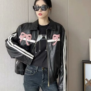 Cross-Border European and American Clothing Aliexpress Popular Bow Zipper Leather Jacket Casual and Versatile
