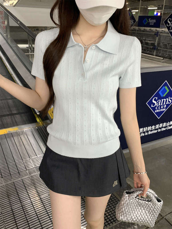 ポロカラーボタンジャカードセーター半袖レディース夏ミュウシリーズ右肩ラペルTシャツデザインボトムストップ|undefined