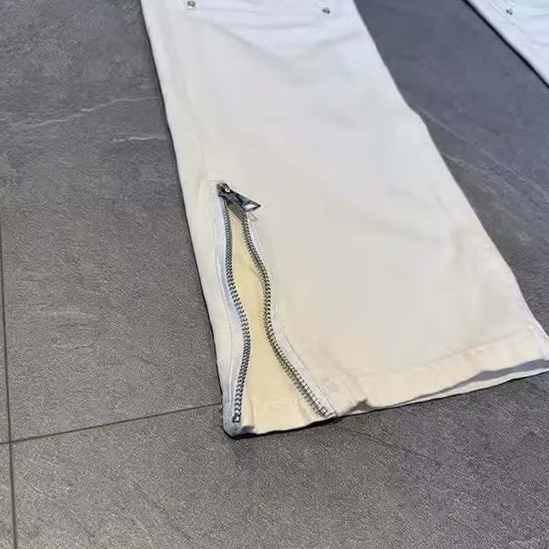 Unisex Boyfriend Style White Denim Jeans Rivet Design Straight Leg Trendy Floor Length Pants American High Street_mkmklike.com