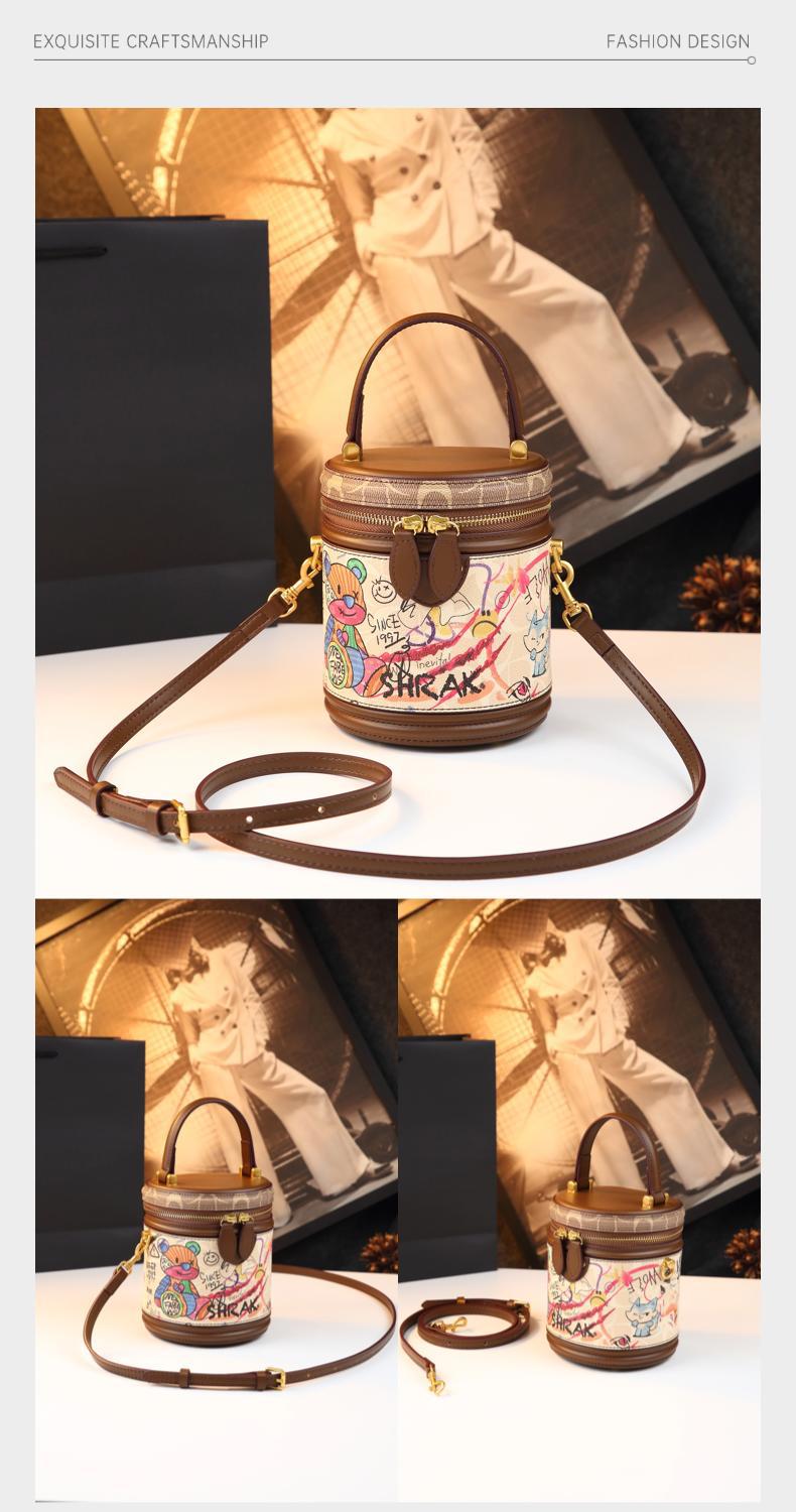 Túi bucket nữ hình trụ họa tiết gấu vẽ tay, đeo chéo kiểu mới — màu trắng ngà, Cà phê Brown, màu sắc chi tiết 10