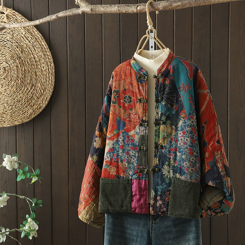 Винтажная женская куртка с принтом, осень/зима 2025, новый художественный кардиган из хлопка и льна с дизайном пуговиц в китайском стиле, вельветовое пальто.