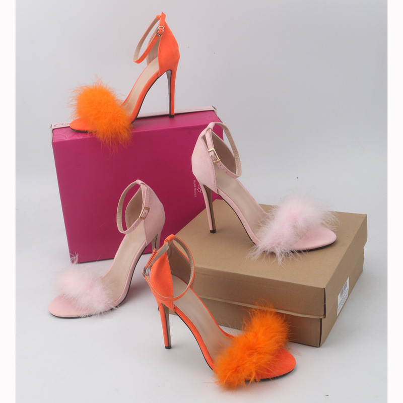 Foreign-style bright fluffy sandals with a word with a back bag thin high-heeled women's shoes Amazon hot supply a generation of hair