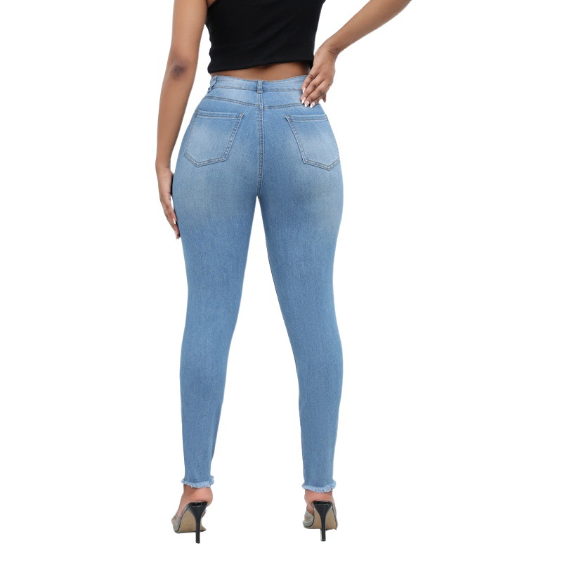 2023 Amazon Otoño de alta calidad nueva europea y americana transfronteriza diseño diagonal hebilla de cintura alta de las mujeres skinny jeans