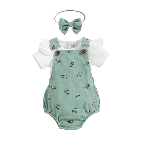 Baoxin girls' clothing foreign trade cross-border new style pitted flying sleeves floral corduroy suspenders and hairband three-piece set