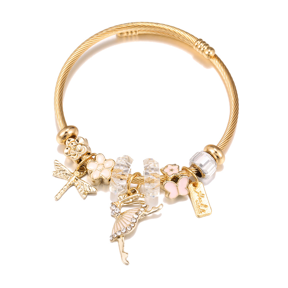 Fashion Butterfly Titanium Steel Stripe Enamel Metal Zircon Bangle 1 Piece