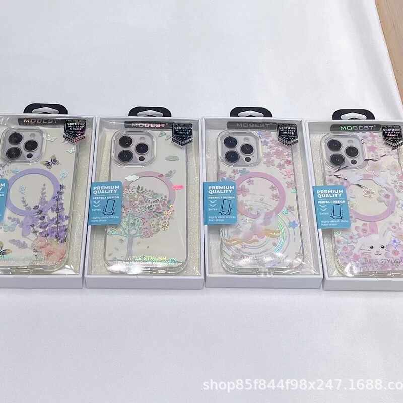 适用iPhone16promax卡通涂鸦樱花手机壳苹果15镶钻极光炫彩磁吸壳|undefined