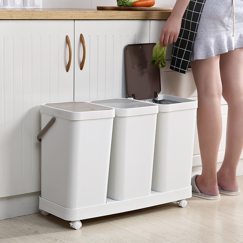 Household Kitchen Sorting Trash Can for Dry and Wet Waste Separation, with Handle and Press-Open Lid